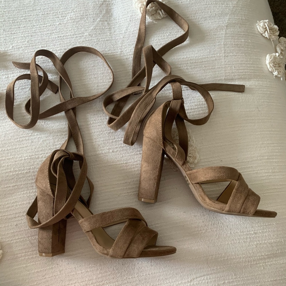 Taupe suede wrap heels